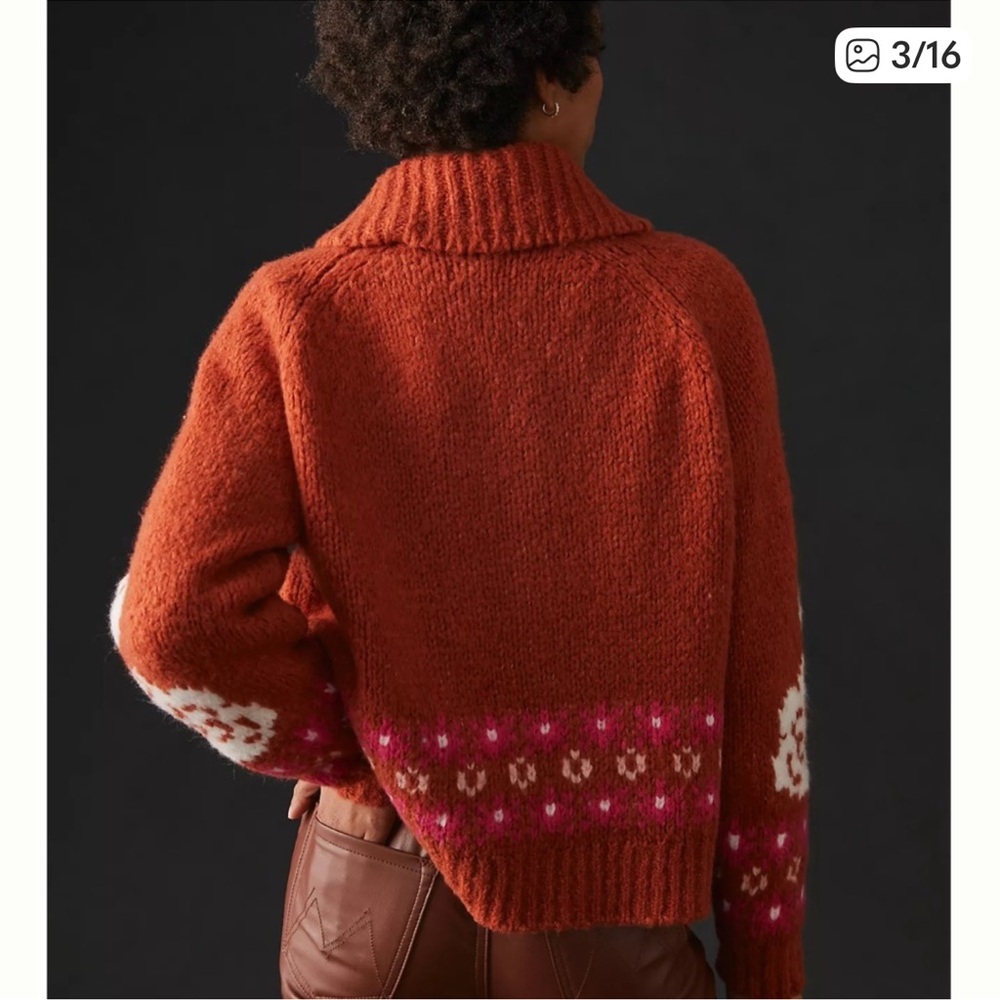 Anthropologie Maeve Rust Orange Swan Open Knit Wool Blend Zip Up Sweater, XS - Picture 3 of 14